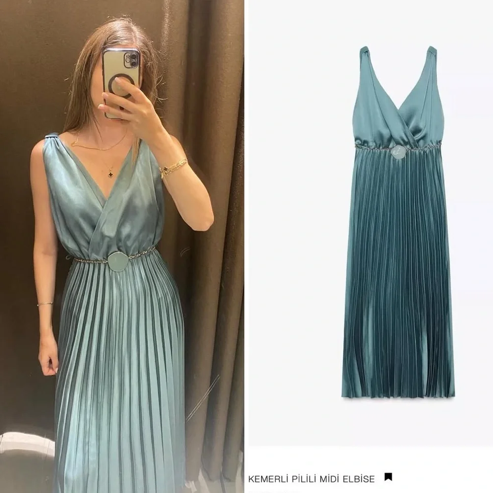 🆕(NWT) ZARA Bloggers Fav Pleated Midi Dress with Belt. XS. Color: Blue Steel - Picture 14 of 16